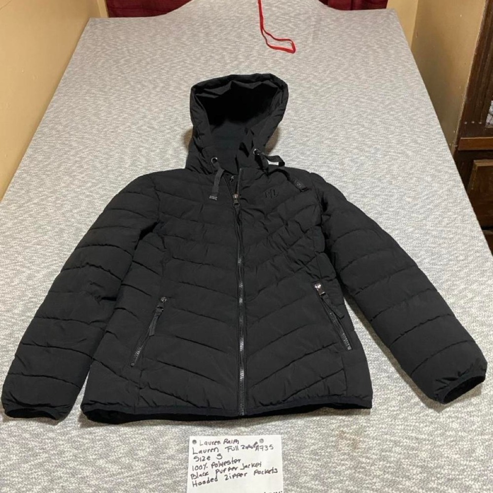Ralph Lauren black puffer jacket with hood full zip up hooded  size S. SKU-A735